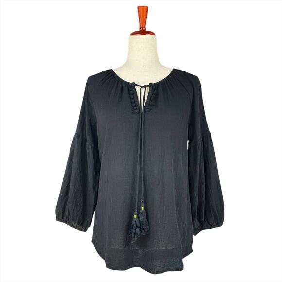 JOHNNY WAS Calme Black Gauze Cotton Tassel 3/4-Sleeve Peasant Blouse Size M - Picture 1 of 8